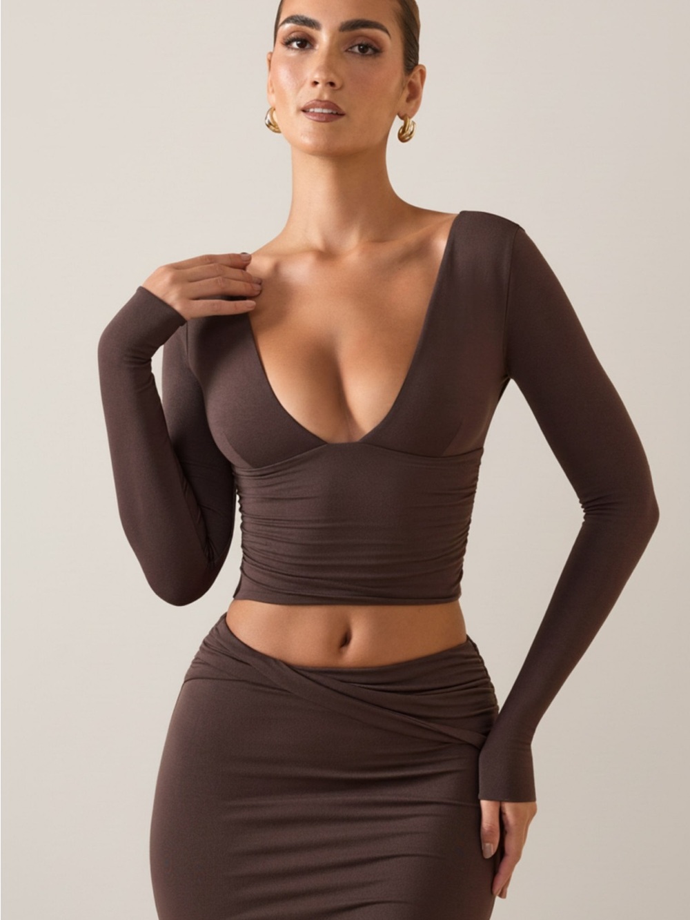 Oh Polly Chocolate Brown Deep V Ruched Long Sleeve Crop Top